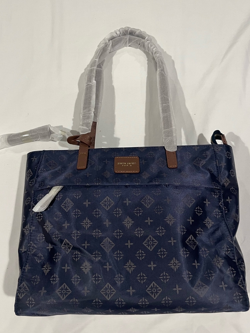 Navy Tote Bag with Brown Accents